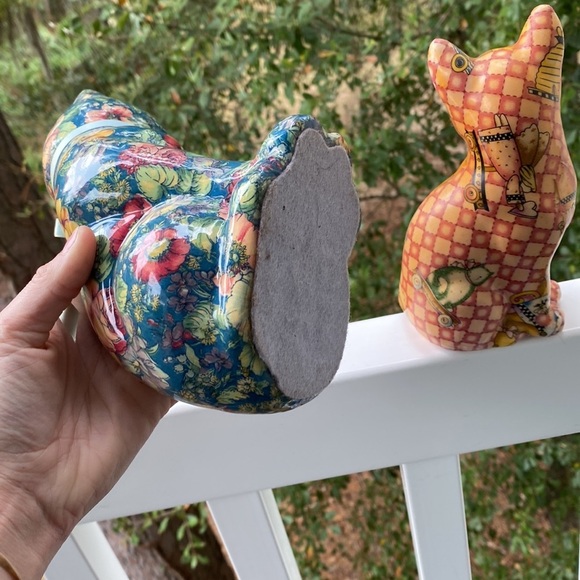 Ceramic Paper Mache Look Cats Blue & Green Floral or Pink & Orange Floral Cat - Picture 7 of 7